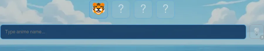 Anime Wordle Emoji mode: one tiger emoji revealed and three hidden slots above the anime name box