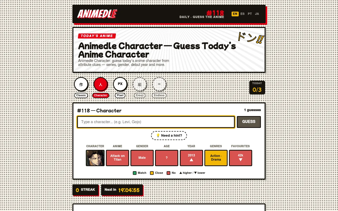 Animedle #118 Character mode: a guess of Levi compared with the day's character on anime, gender, age, year, genres and favourites