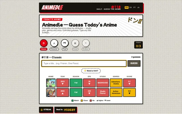 Animedle #118 Classic on animedle.today with two guesses, Frieren and Naruto, each compared on year, season, episodes, studio, genres and score in green, yellow and red tiles with arrows