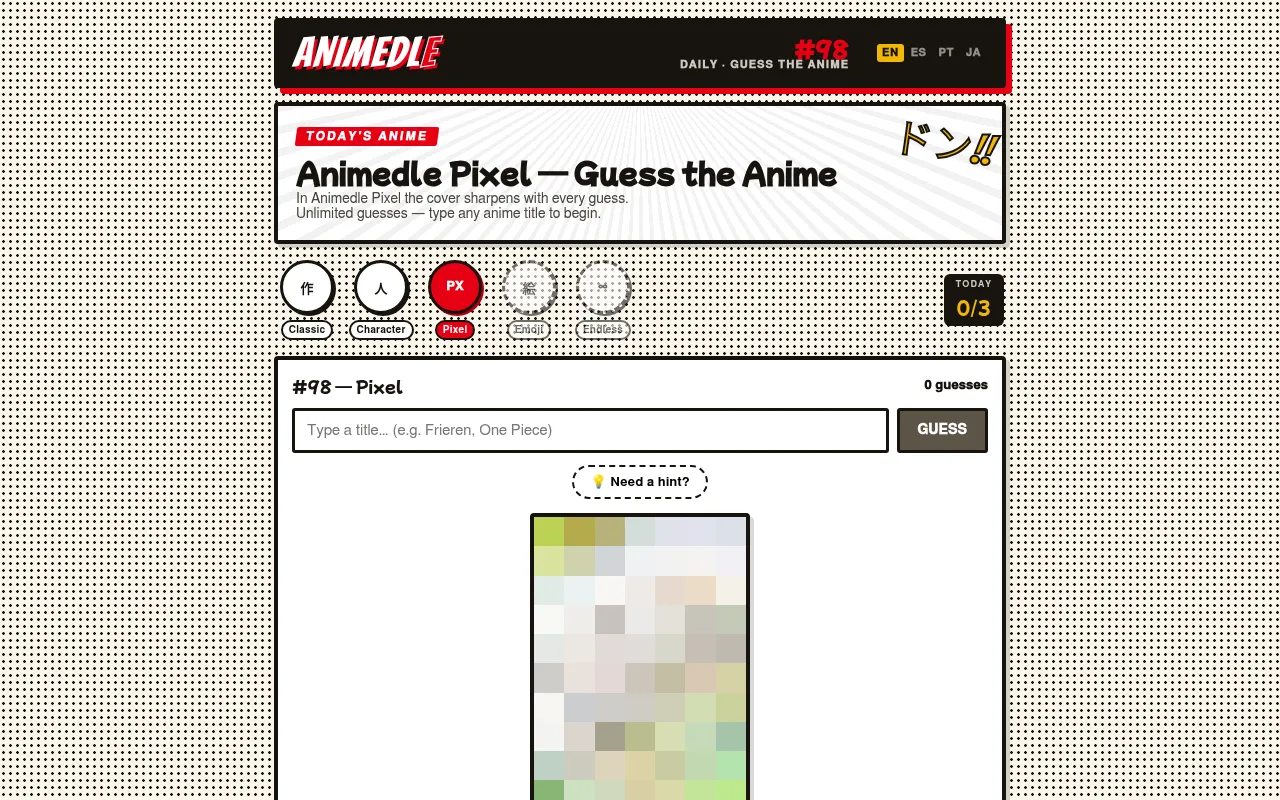 Animedle's daily Pixel mode on animedle.today: a pixelated anime cover to name, which sharpens with every guess