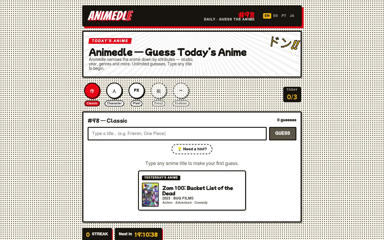 Animedle #98 Classic on animedle.today: the Today's Anime banner, Classic, Character and Pixel mode buttons, a title guess box with 0 guesses, and yesterday's anime, Zom 100: Bucket List of the Dead