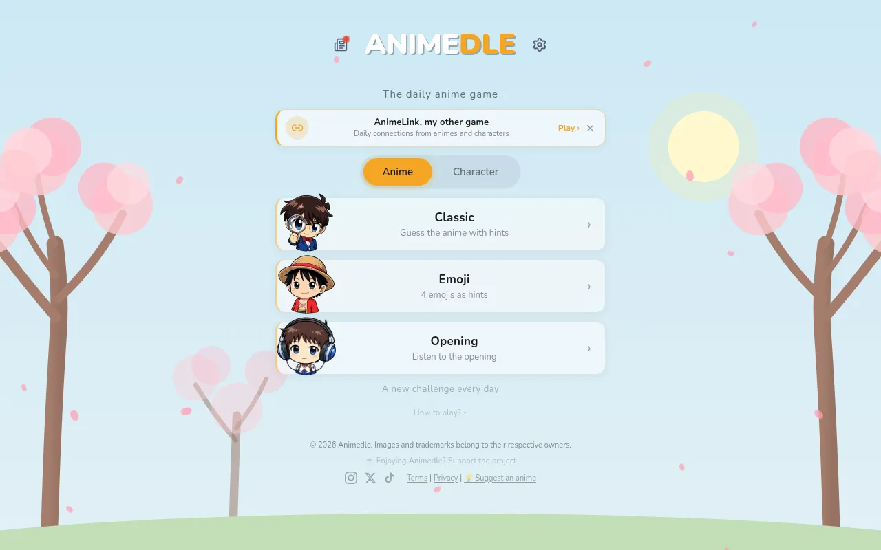 The Animedle home screen: Anime and Character tabs above the Classic, Emoji and Opening modes, each with a chibi anime character, between drawn cherry trees