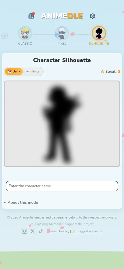 Animedle's daily Character Silhouette puzzle at phone size: a blurred black outline of the day's character above the name box