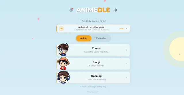 The Animedle home screen: Anime and Character tabs above the Classic, Emoji and Opening modes, each with a chibi anime character