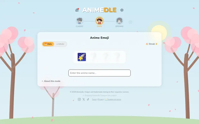 Animedle's daily Anime Emoji puzzle: the first of four emoji clues (a shooting star) revealed, three still hidden, above the Enter the anime name box, with Daily and Infinite tabs and a streak counter