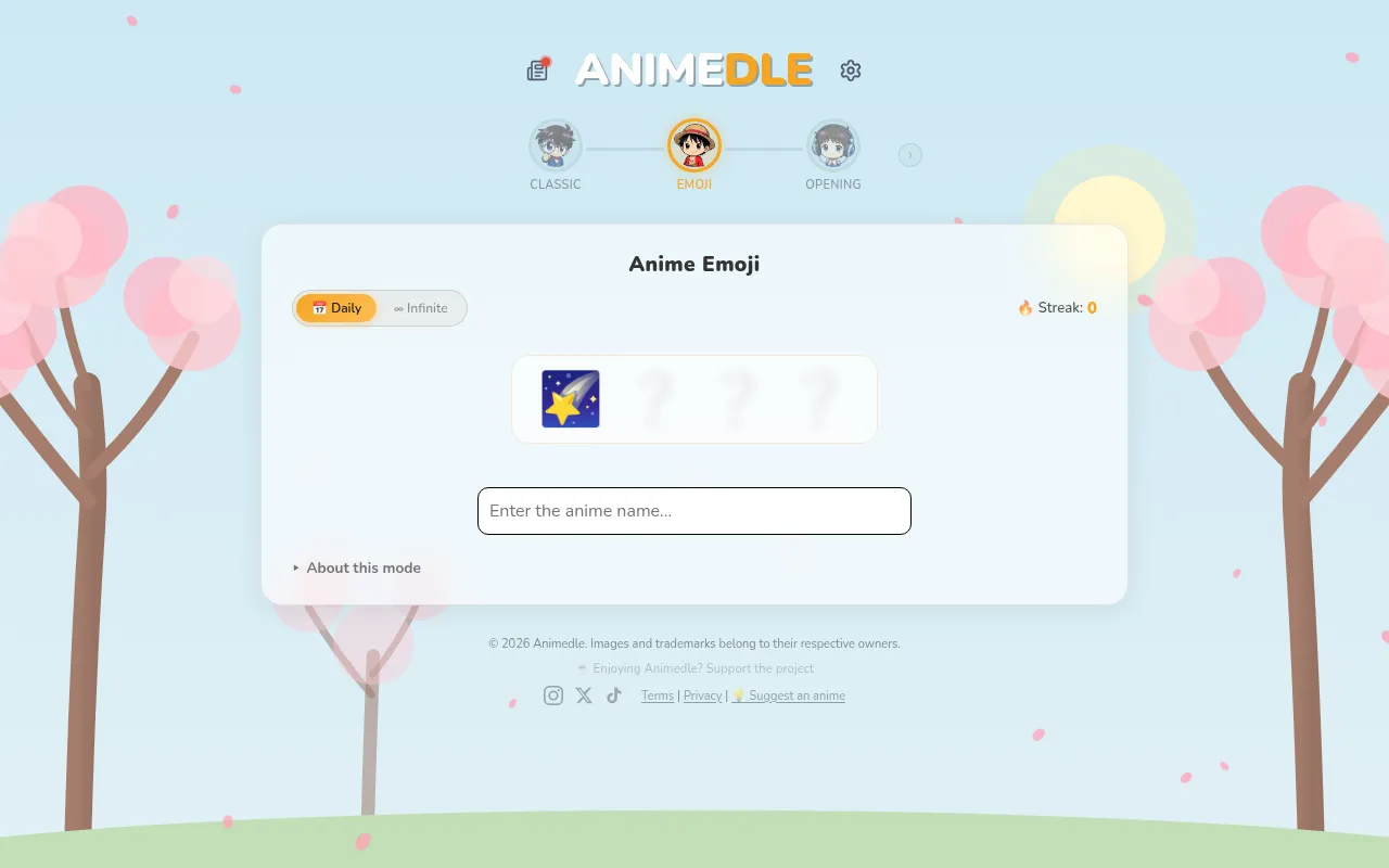 Animedle's daily Anime Emoji puzzle: the first of four emoji clues (a shooting star) revealed, three still hidden, above the Enter the anime name box, with Daily and Infinite tabs and a streak counter