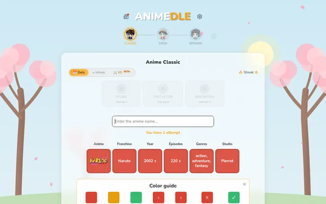 Today's Animedle Anime Classic board on desktop: a guess of Naruto compared by franchise, year, episodes, genres and studio, with locked hint cards above