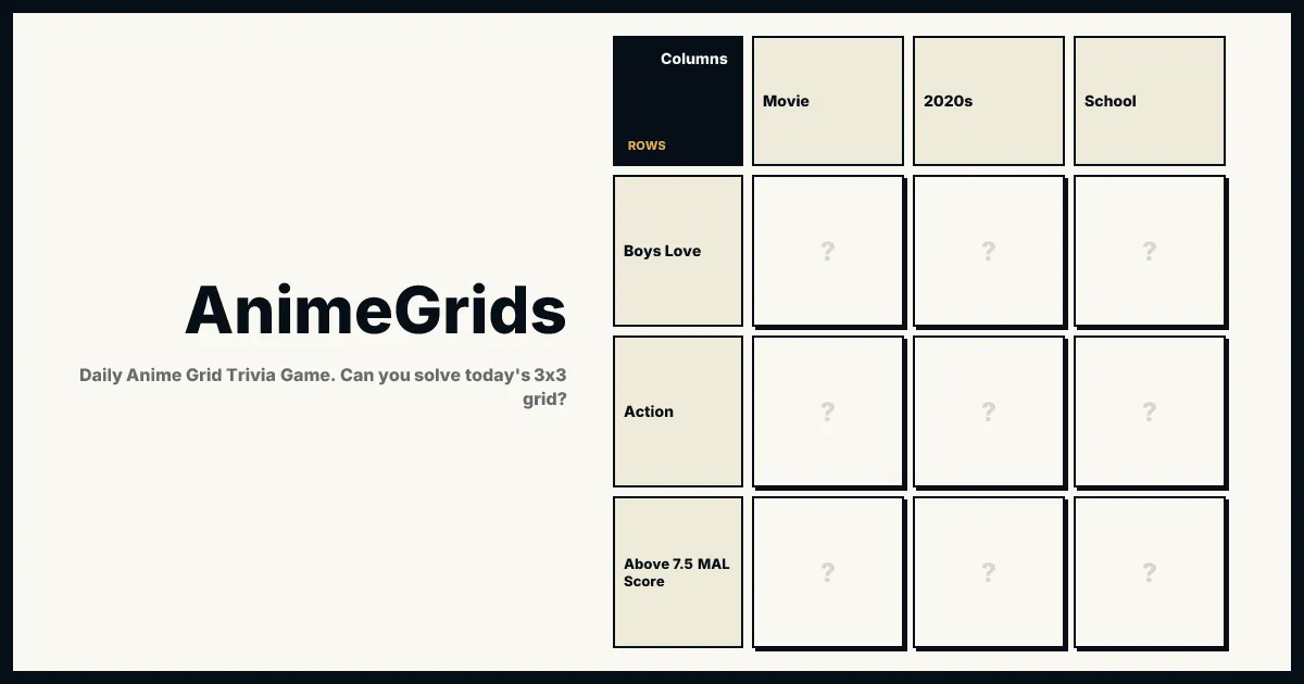 AnimeGrids share card with the 3x3 grid of Movie, 2020s and School against Boys Love, Action and Above 7.5 MAL Score, beside the game's name