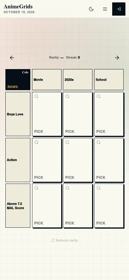 The same AnimeGrids board at phone size, the 3x3 grid filling the narrow screen with the rarity and streak counters above it