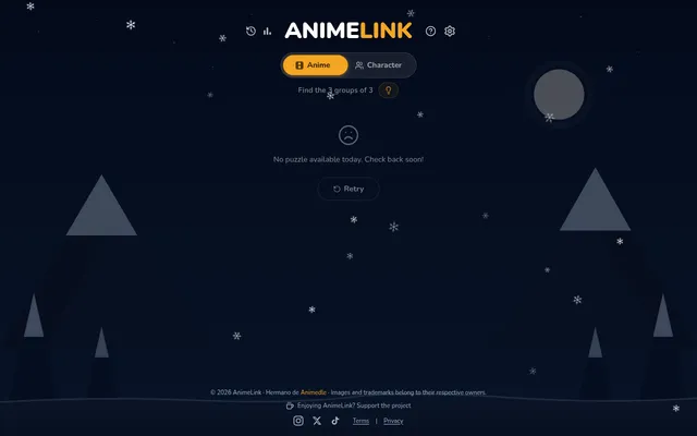 AnimeLink's game screen: the AnimeLink title, Anime and Character tabs and the line Find the 3 groups of 3, on a night background (shot on a day with no puzzle posted)