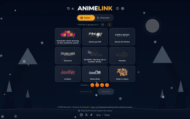 AnimeLink's Anime board for 26 October 2026: nine series logos (KonoSuba, Overlord, Re:ZERO, Monster, Steins;Gate and more) above four mistake markers and the Connect button