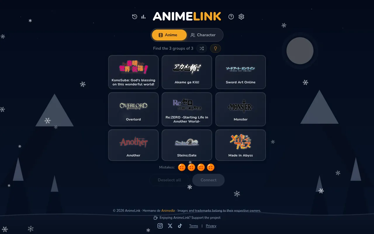 AnimeLink's Anime board for 26 October 2026: nine series logos (KonoSuba, Overlord, Re:ZERO, Monster, Steins;Gate and more) above four mistake markers and the Connect button