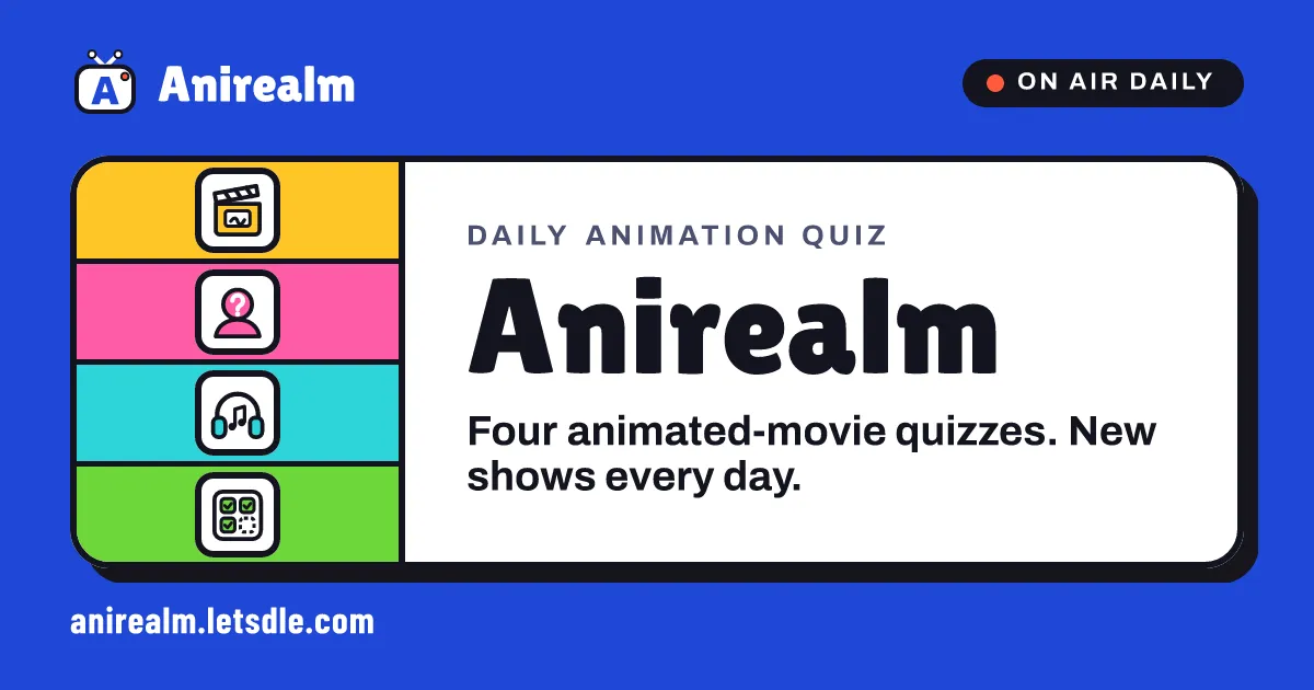 Anirealm's own share card with the icons of its four daily animated-movie quizzes