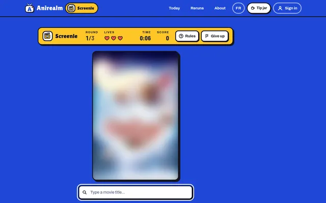 Anirealm's Screenle board: a heavily blurred animated-film poster above the title box, with round 1 of 3 and three lives