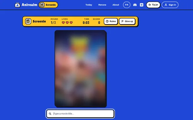 Today's Screenle board on Anirealm (22 Oct 2026): a heavily blurred animated-film poster above the title box, round 1 of 3 with three lives