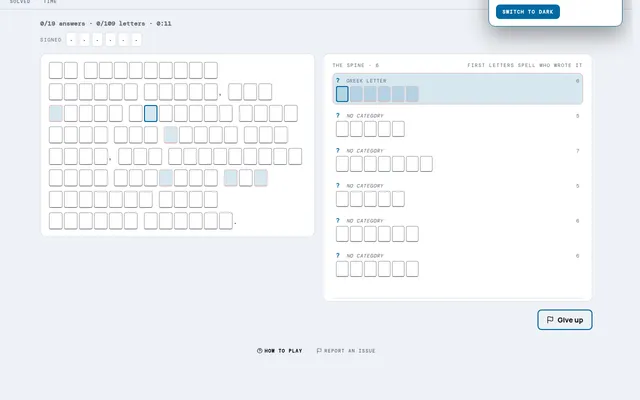 Anon board on mindloftdaily.com: an empty 109-letter passage on the left and the answer bank on the right, with a Greek letter category highlighted