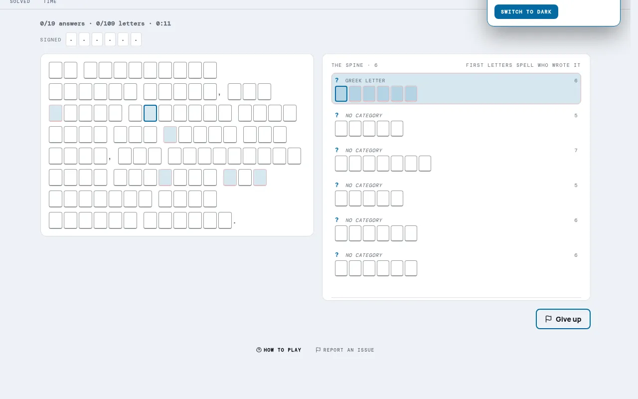 Anon board on mindloftdaily.com: an empty 109-letter passage on the left and the answer bank on the right, with a Greek letter category highlighted
