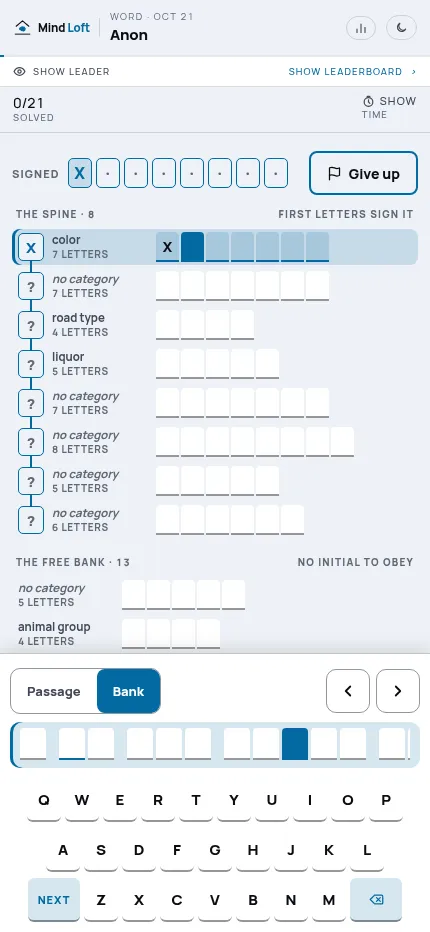 Anon on a phone, 21 October 2026: the signed row, the spine answers with categories and the free bank, above the game's own keyboard and Passage/Bank switch