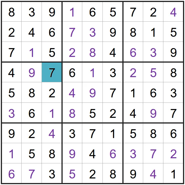 A solved example Anti King Sudoku from PuzzleMadness's rules: a full 9x9 grid with one highlighted 7 whose eight neighbours hold no other 7