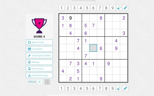 The Medium Anti King Sudoku on PuzzleMadness for 28 October 2026 being played: a 9x9 grid of purple givens, one 9 entered in black, number buttons above and below