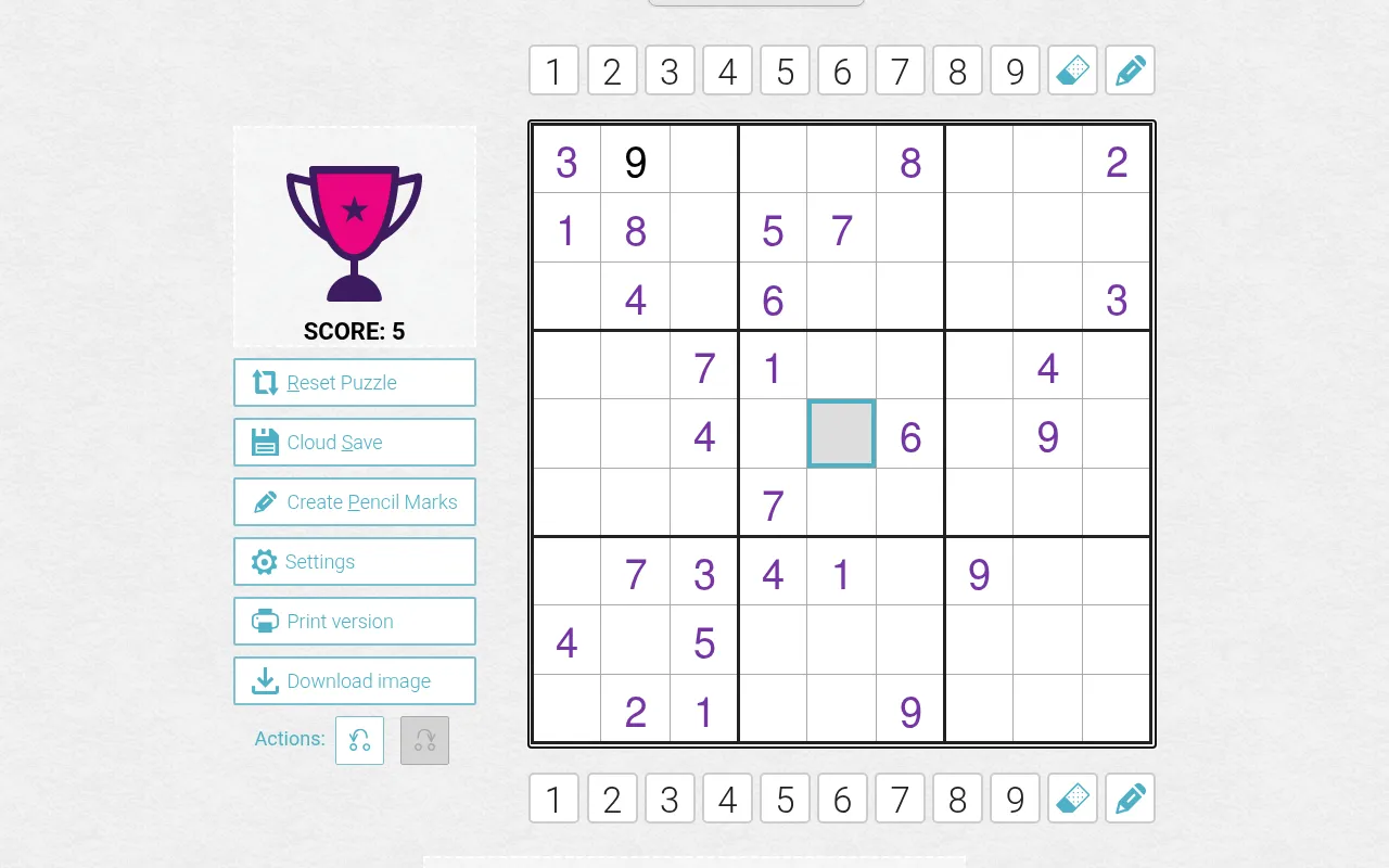 The Medium Anti King Sudoku on PuzzleMadness for 28 October 2026 being played: a 9x9 grid of purple givens, one 9 entered in black, number buttons above and below