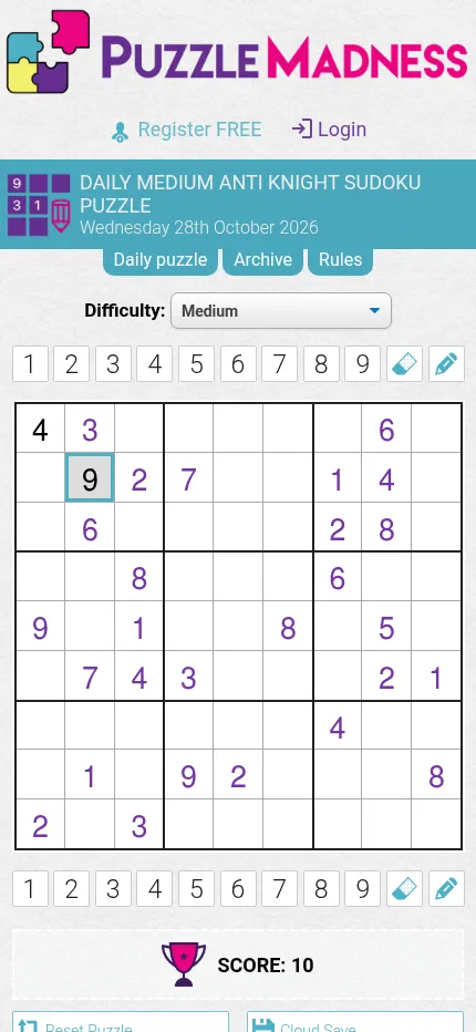 The Medium Anti Knight Sudoku on PuzzleMadness for 28 October 2026 on a phone, with a 4 and a 9 entered in black among the purple givens and a score of 10