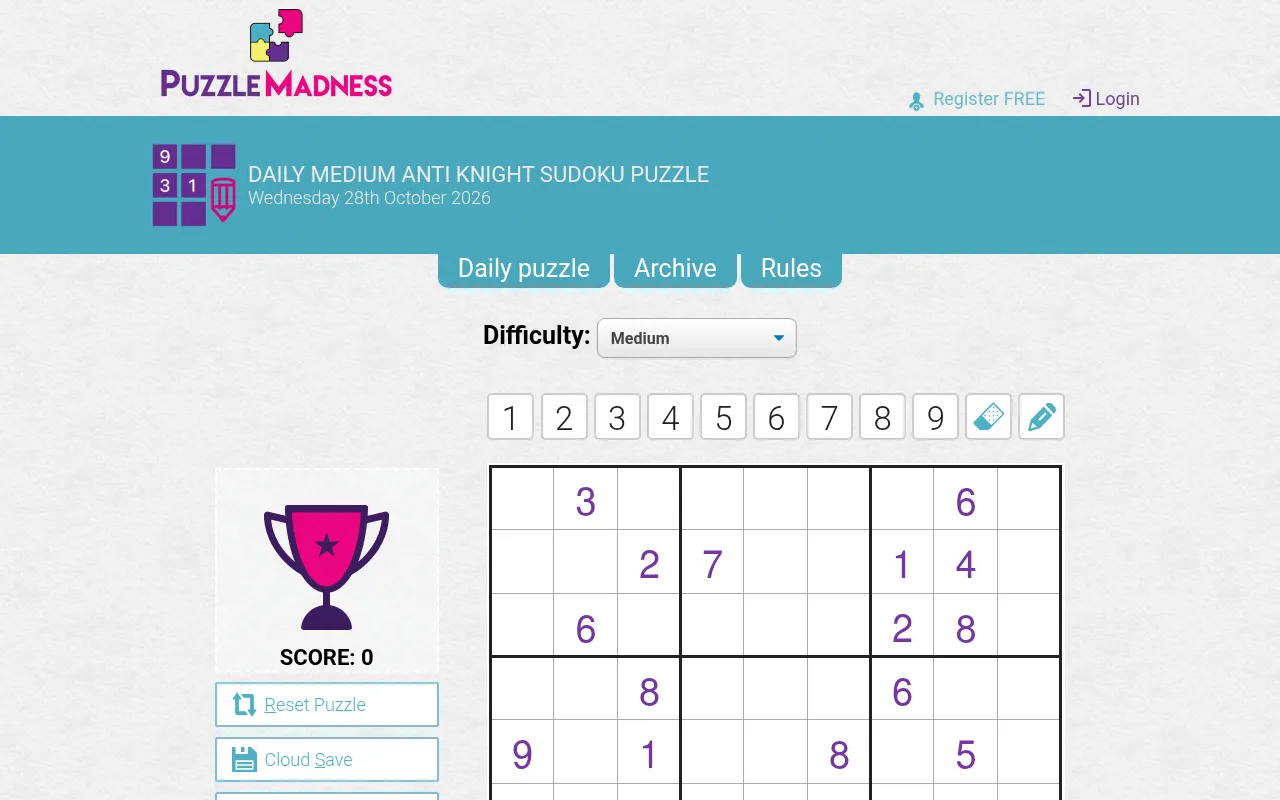 Today's Medium Anti Knight Sudoku page on a desktop for 28 October 2026: difficulty menu, number buttons and the top of the 9x9 grid beside the score panel