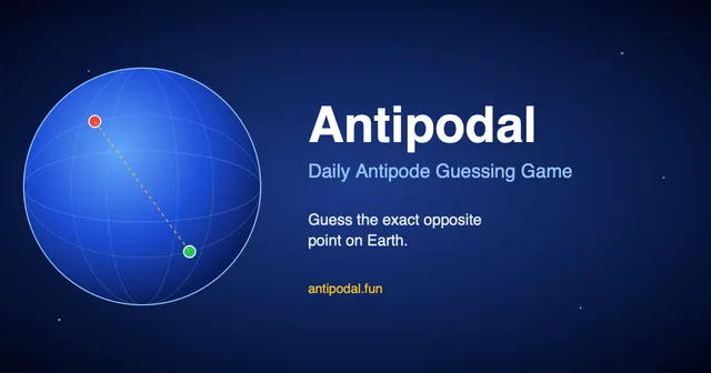 Antipodal share card: a globe with a red point and its green antipode joined by a dotted line