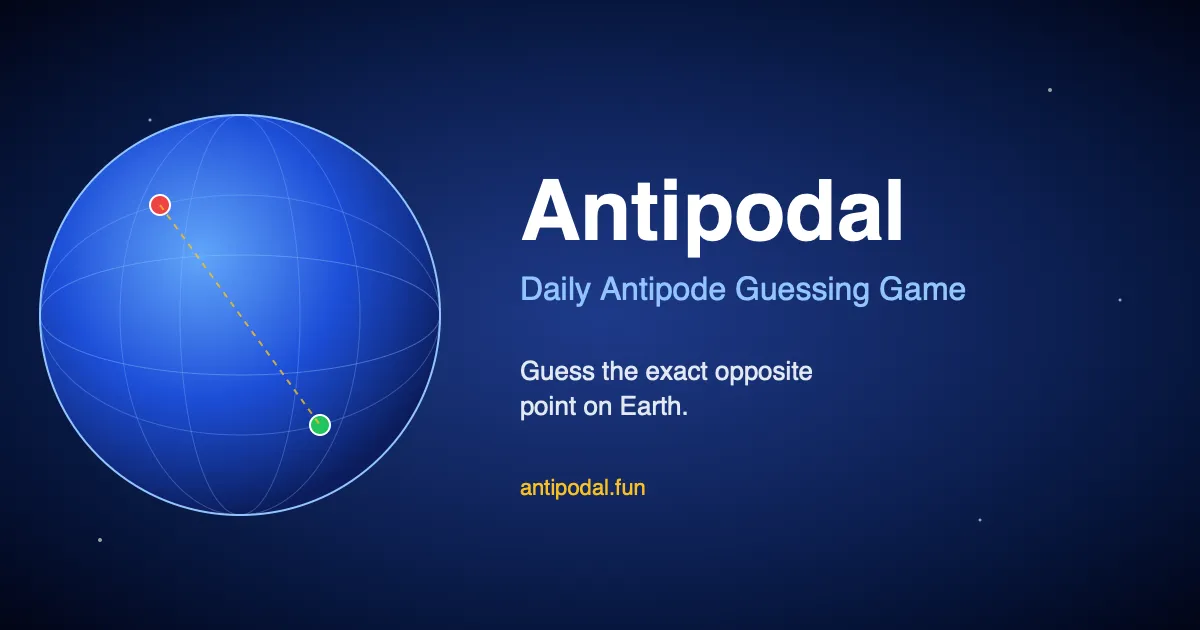 Antipodal share card: a globe with a red point and its green antipode joined by a dotted line