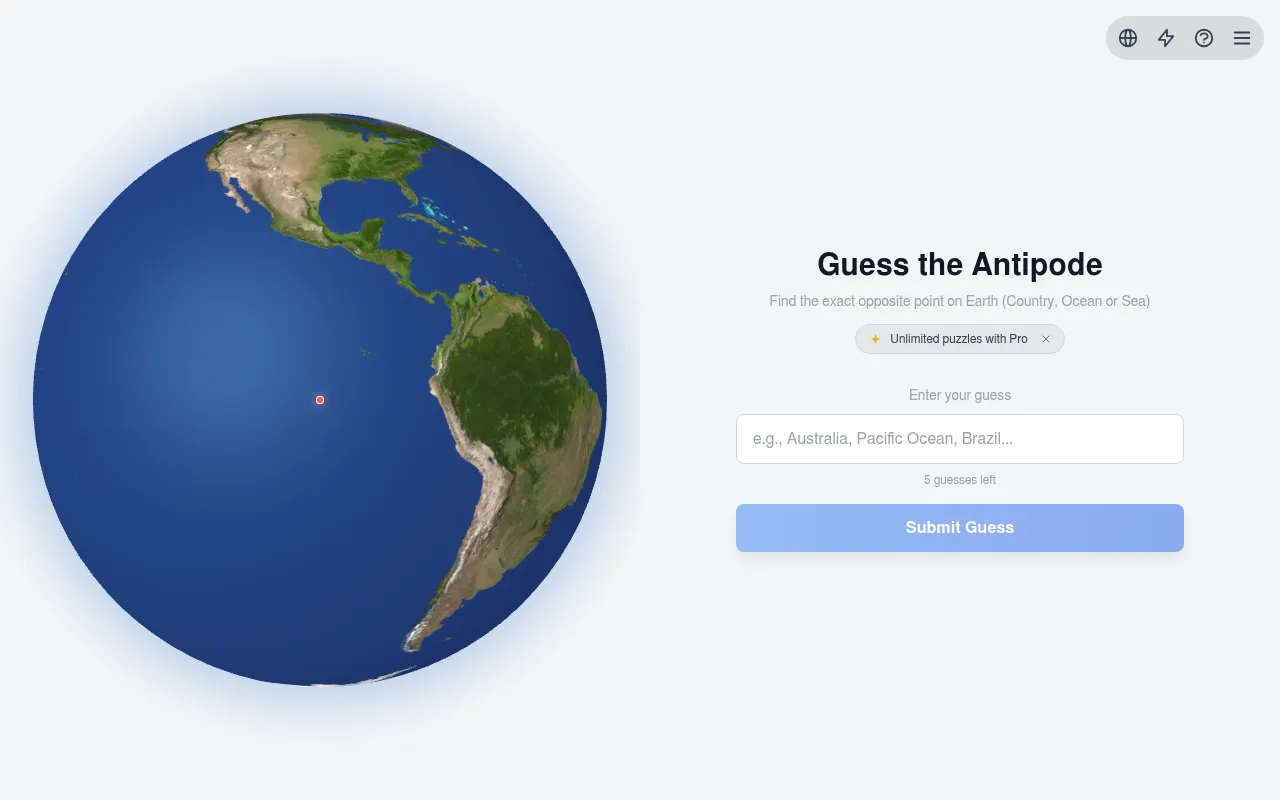Antipodal game screen: a 3D Earth with a red marker in the Pacific beside the Guess the Antipode box
