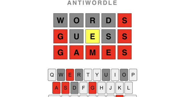 An Antiwordle board with the guesses WORDS, GUESS and GAMES in grey, yellow and red tiles