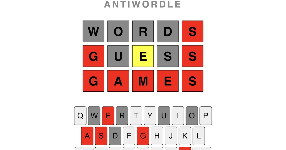 An Antiwordle board with the guesses WORDS, GUESS and GAMES in grey, yellow and red tiles