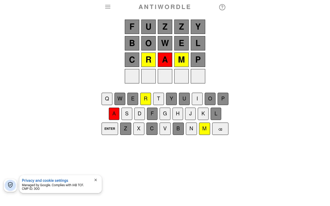 Antiwordle on 28 October 2026: FUZZY and BOWEL all grey, then CRAMP with R and M yellow and A red in the middle square, above a keyboard with the used letters marked