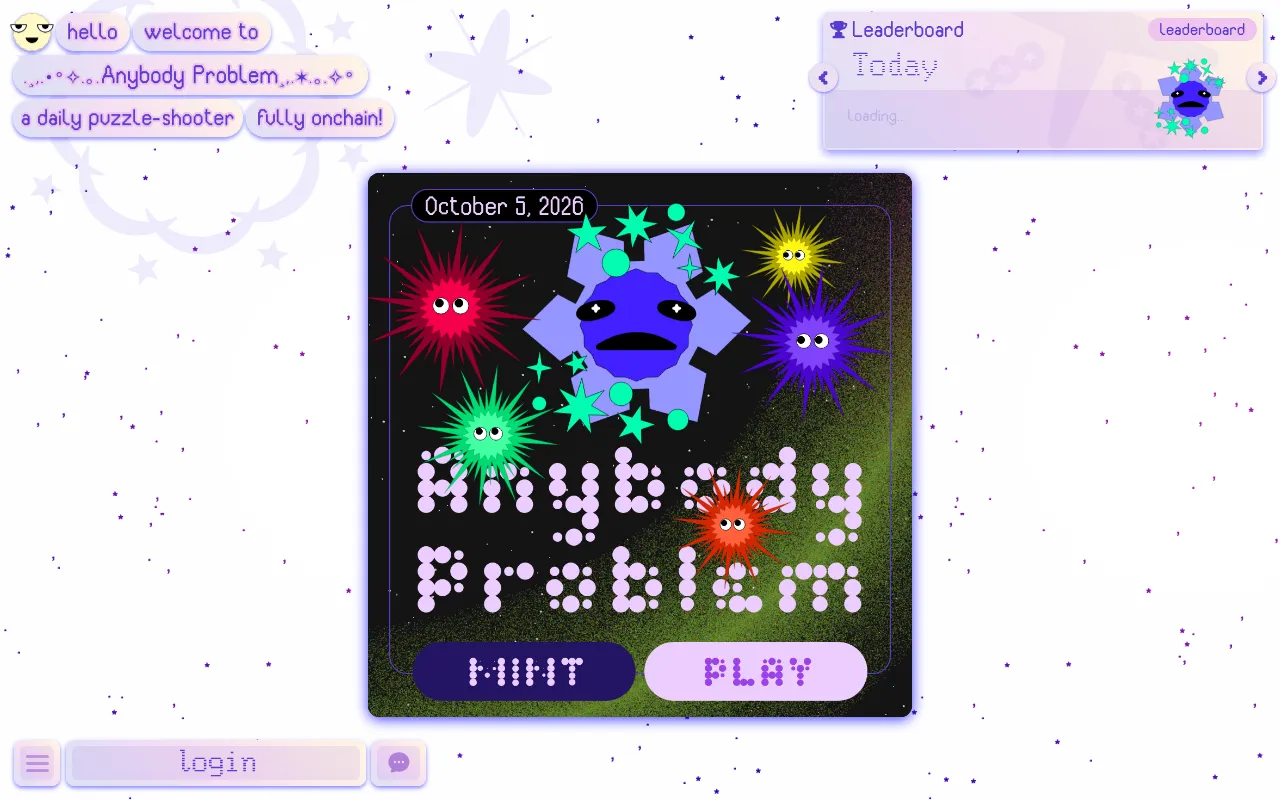 Anybody Problem's daily start screen dated October 5, 2026, with the day's spiky bodies, Play and Mint buttons and today's leaderboard