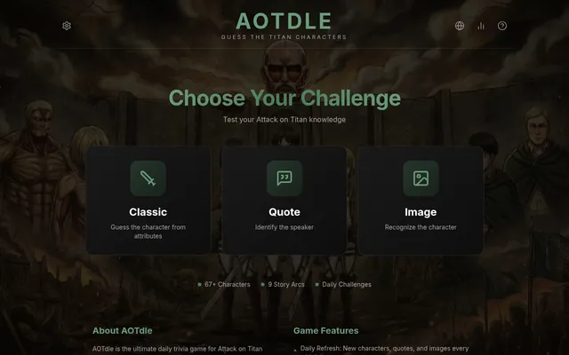 AOTdle home: Choose Your Challenge, with Classic, Quote and Image cards over Attack on Titan art, and 67+ characters, 9 story arcs and daily challenges noted below