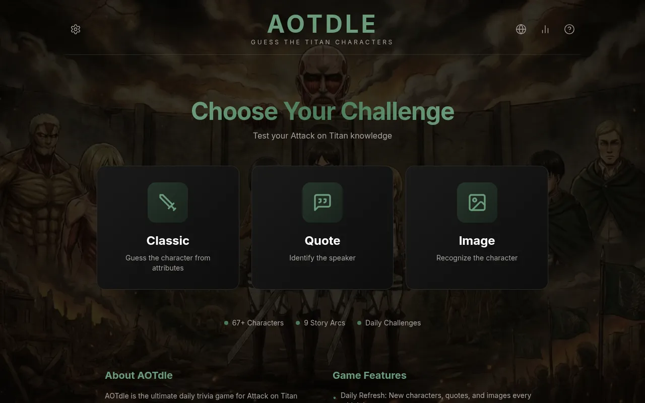 AOTdle home: Choose Your Challenge, with Classic, Quote and Image cards over Attack on Titan art, and 67+ characters, 9 story arcs and daily challenges noted below