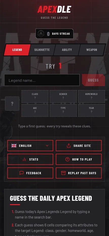 APEXDLE at phone size: Legend, Silhouette, Ability and Weapon tabs, the name box and six empty clue cells in two rows of three