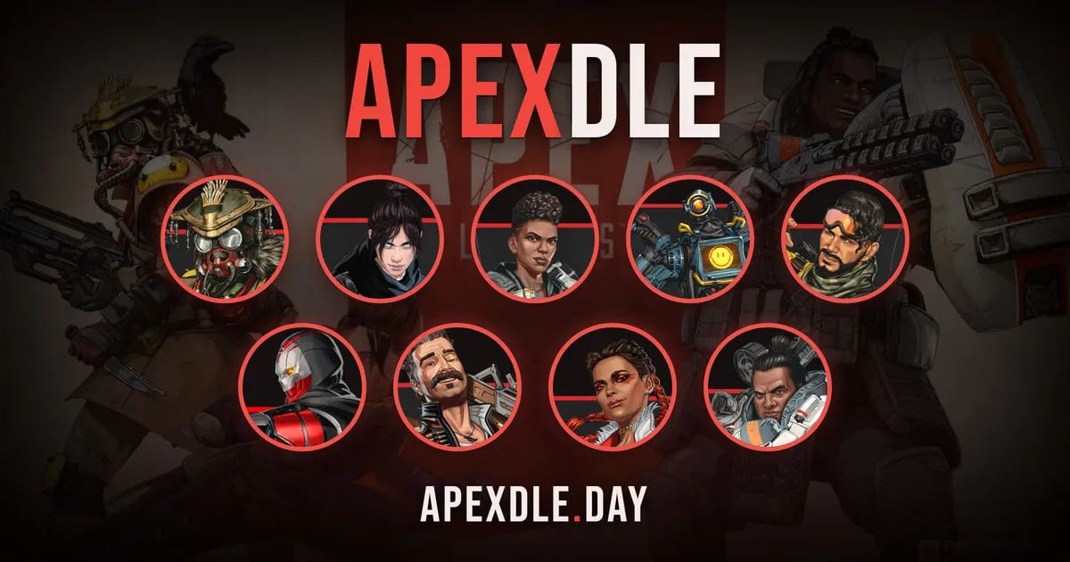 APEXDLE share art: the game's name above round portraits of nine Apex Legends characters, with apexdle.day below