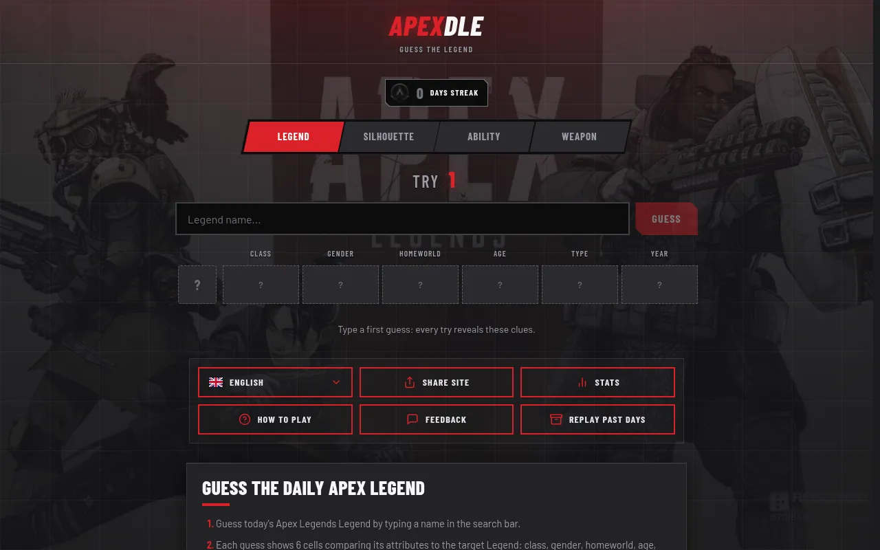 APEXDLE's Legend mode before the first guess: a name box and empty clue cells for class, gender, homeworld, age, type and year, with tabs for Silhouette, Ability and Weapon