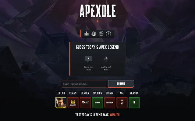 Apexdle Classic board after one guess: Bangalore's row of class, gender, species, origin, age and season cells, with quote and ability hints unlocking at 4 and 7 tries