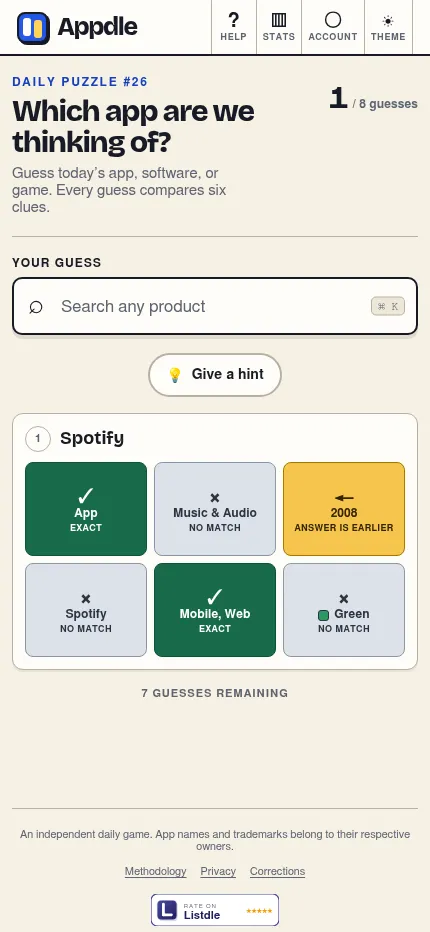 Appdle daily puzzle #26 at phone size after one guess, Spotify, its six clue boxes in two rows of three under the search box and hint button