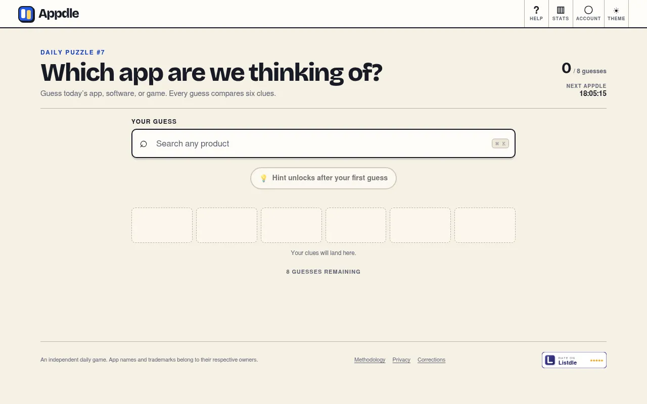 Appdle daily puzzle #7: the question Which app are we thinking of, a search box for a guess, six empty clue boxes and a countdown to the next Appdle
