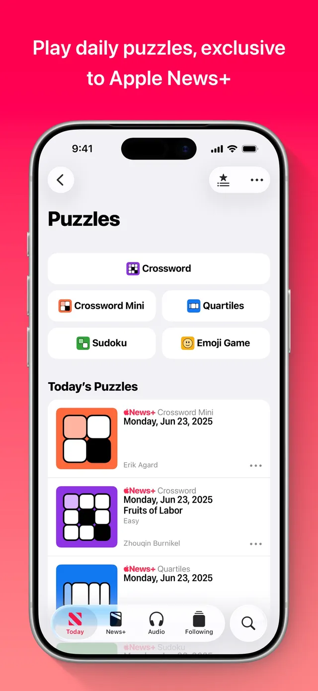 Apple News Puzzles screen on an iPhone listing today's Crossword Mini, Crossword and Quartiles with their dates