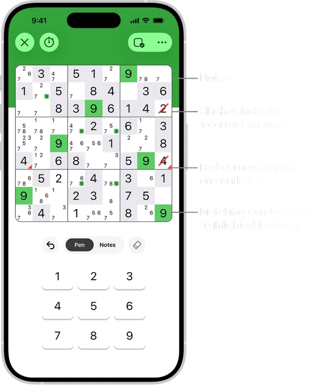 An Apple News+ sudoku on an iPhone, from Apple's support guide: a 9x9 grid with pencil notes, matching 9s highlighted in green and conflicts marked in red, above the Pen and Notes switch and a number