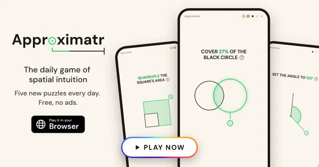 Approximatr share card with three phone screens showing a square area puzzle, a circle coverage puzzle and an angle puzzle