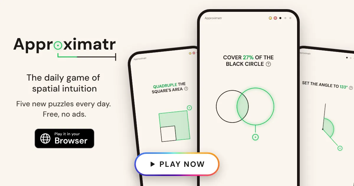 Approximatr share card with three phone screens showing a square area puzzle, a circle coverage puzzle and an angle puzzle