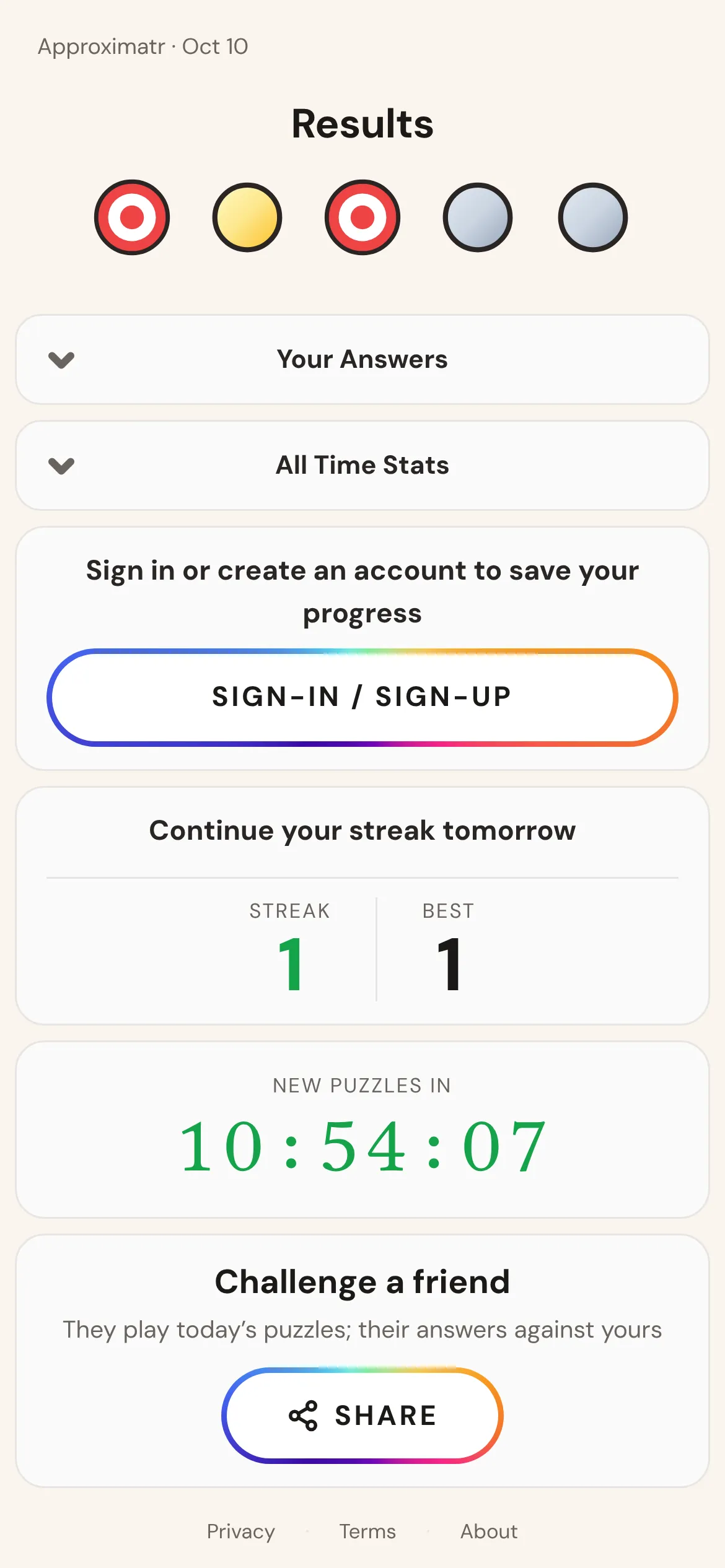 Approximatr results screen with a row of five medals, a streak counter, a countdown to new puzzles and a challenge a friend button