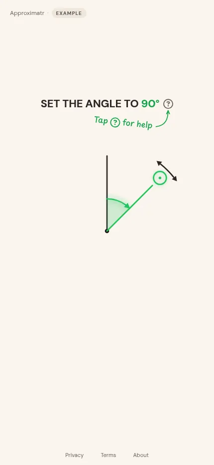 Approximatr example puzzle: set the angle to 90 degrees by dragging the green handle