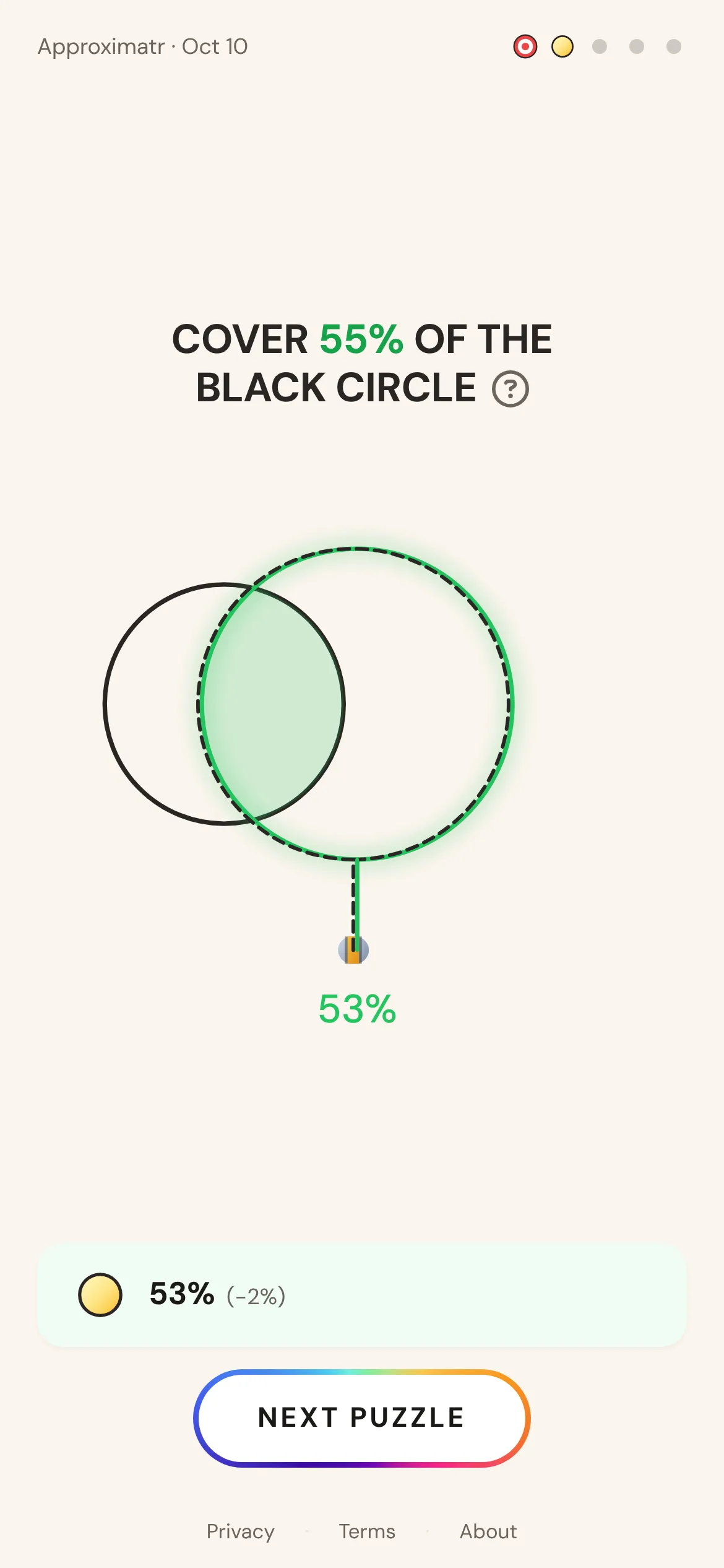 Approximatr puzzle asking to cover 55% of the black circle, answered at 53% for a gold medal