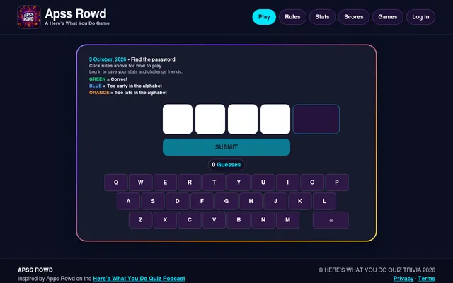 The Apss Rowd puzzle for 3 October 2026: four empty letter boxes for the password, the colour key (green correct, blue too early in the alphabet, orange too late), a Submit button and an on-screen key